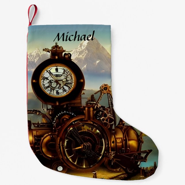 Steampunk Time Machine in Swiss Alps Personalised Small Christmas Stocking (Front)
