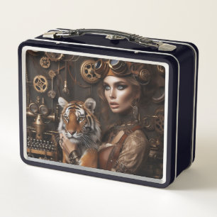 Steampunk -Time Machine Young Girl and Tiger 80-4 Metal Lunch Box