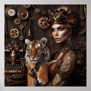 Steampunk -Time Machine Young Girl and Tiger 80-4 Poster