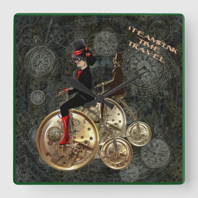 Steampunk time travel, clockwork penny farthing square wall clock (Front)