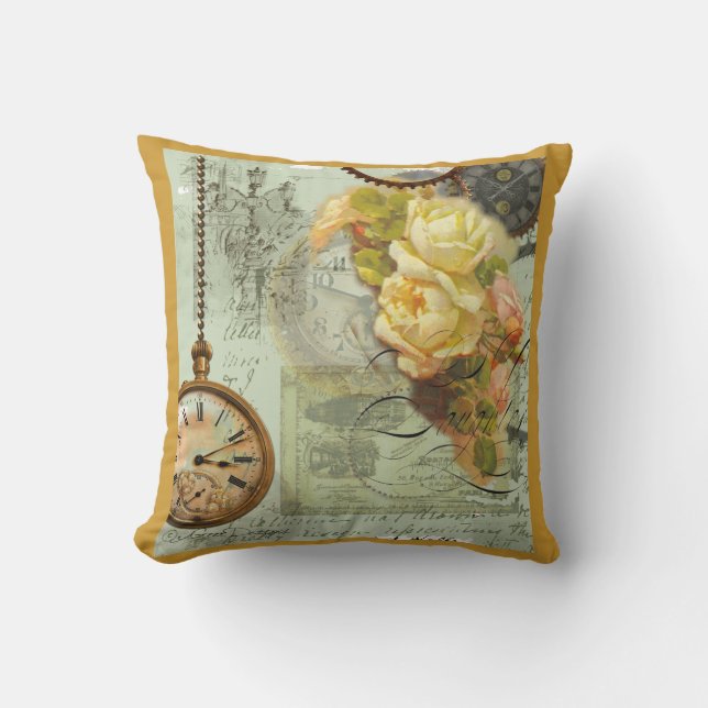 Steampunk Time & Yellow Roses Cushion (Front)
