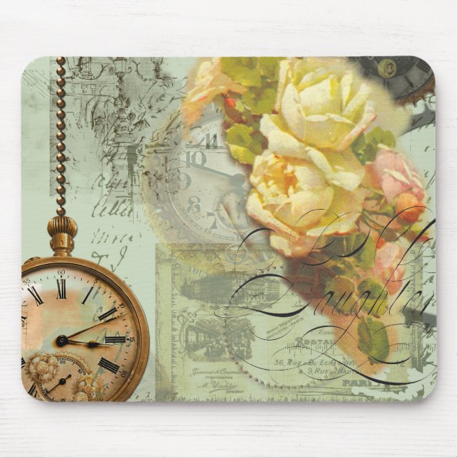 Steampunk Time & Yellow Roses Mouse Pad (Front)