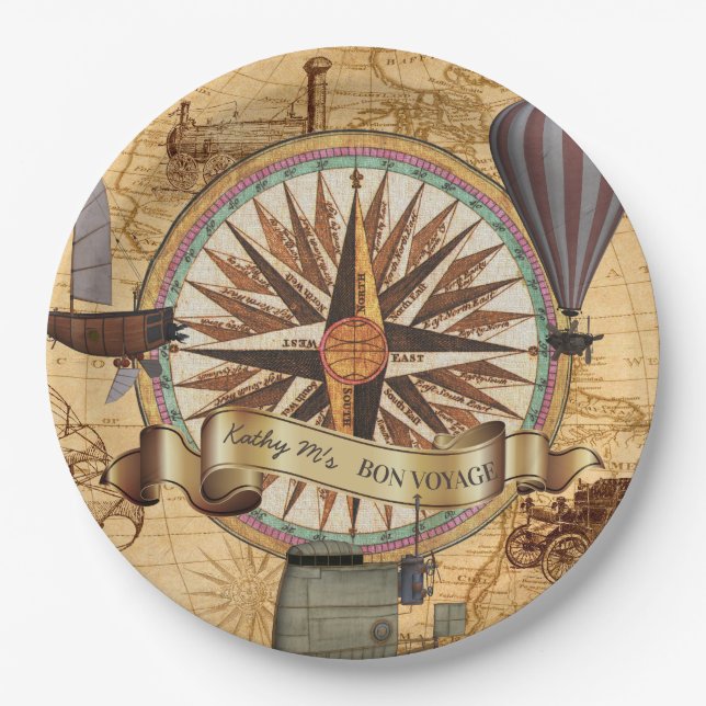 Steampunk Travel Antique Map Compass Adventure Paper Plate (Front)