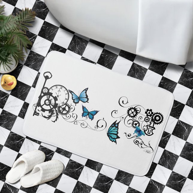 Steampunk Tribal Blue Butterflies  Bath Mat (Creator Uploaded)