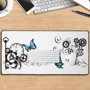 Steampunk Tribal Blue Butterflies Gear Swirl  Desk Mat