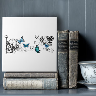 Steampunk Tribal Blue Butterflies Tile
