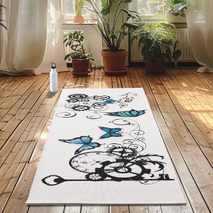 Steampunk Tribal Blue Butterflies Yoga Mat