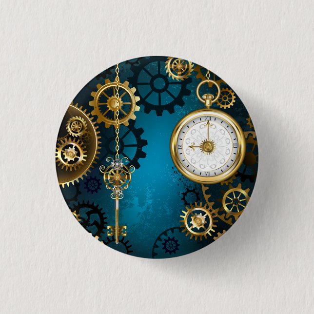 Steampunk turquoise Background with Gears 3 Cm Round Badge (Front)