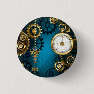 Steampunk turquoise Background with Gears 3 Cm Round Badge