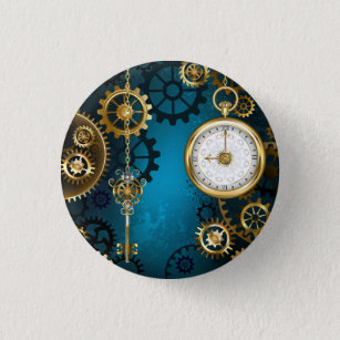 Steampunk turquoise Background with Gears 3 Cm Round Badge