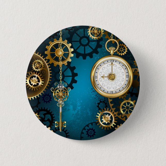 Steampunk turquoise Background with Gears 6 Cm Round Badge (Front)