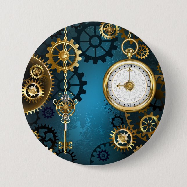 Steampunk turquoise Background with Gears 7.5 Cm Round Badge (Front)