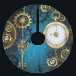 Steampunk turquoise Background with Gears Brushed Polyester Tree Skirt<br><div class="desc">Turquoise,  textured,  steampunk background with brass and gold gears,  a silver key and the clock. Steampunk style.</div>