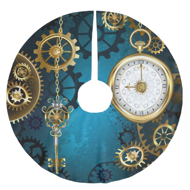 Steampunk turquoise Background with Gears Brushed Polyester Tree Skirt (Front)