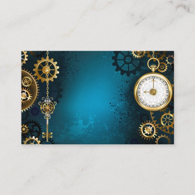 Steampunk turquoise Background with Gears Business Card (Front)