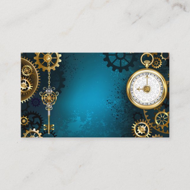 Steampunk turquoise Background with Gears Business Card (Front)