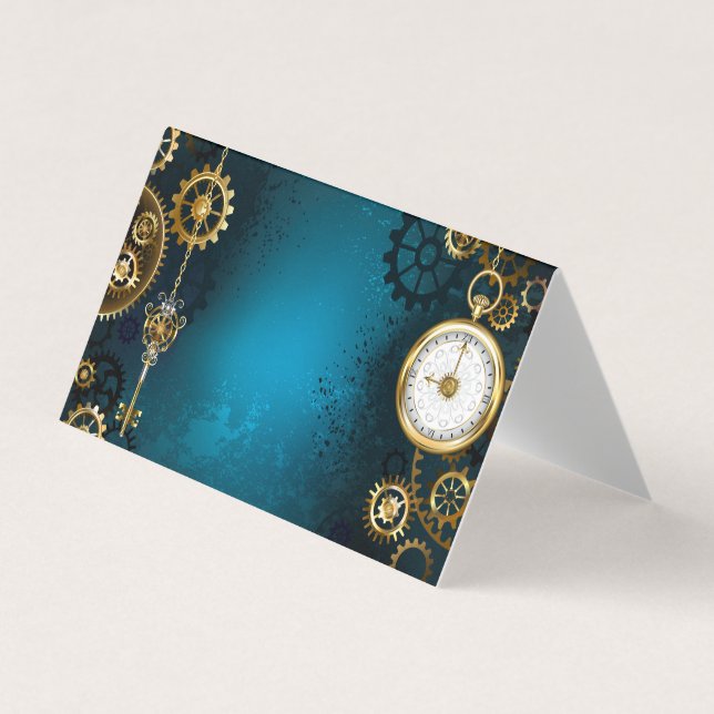 Steampunk turquoise Background with Gears Business Card (Front)