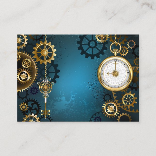 Steampunk turquoise Background with Gears Calling Card (Front)