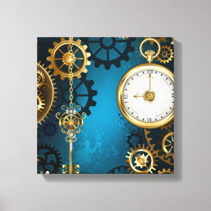 Steampunk turquoise Background with Gears Canvas Print