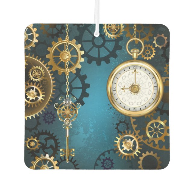 Steampunk turquoise Background with Gears Car Air Freshener (Front)