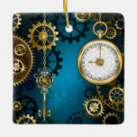 Steampunk turquoise Background with Gears Ceramic Ornament<br><div class="desc">Turquoise,  textured,  steampunk background with brass and gold gears,  a silver key and the clock. Steampunk style.</div>