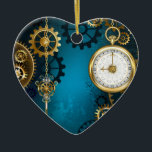 Steampunk turquoise Background with Gears Ceramic Tree Decoration<br><div class="desc">Turquoise,  textured,  steampunk background with brass and gold gears,  a silver key and the clock. Steampunk style.</div>
