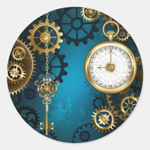 Steampunk turquoise Background with Gears Classic Round Sticker