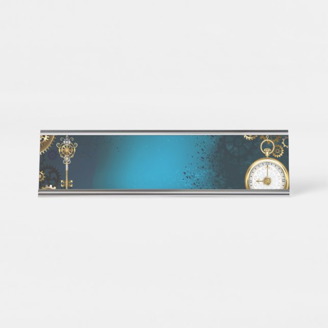 Steampunk turquoise Background with Gears Desk Name Plate (Front)