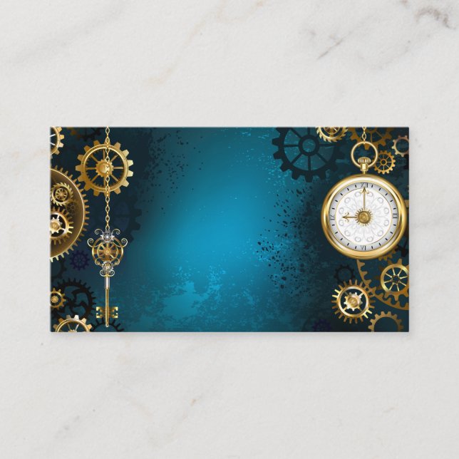 Steampunk turquoise Background with Gears Discount Card (Front)