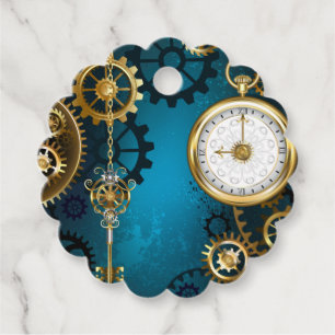 Steampunk turquoise Background with Gears Favour Tags