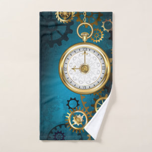 Steampunk turquoise Background with Gears Hand Towel