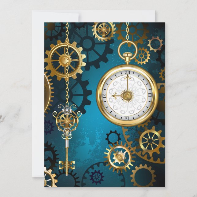 Steampunk turquoise Background with Gears Holiday Card (Front)