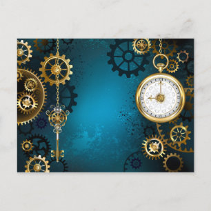 Steampunk turquoise Background with Gears Holiday Postcard