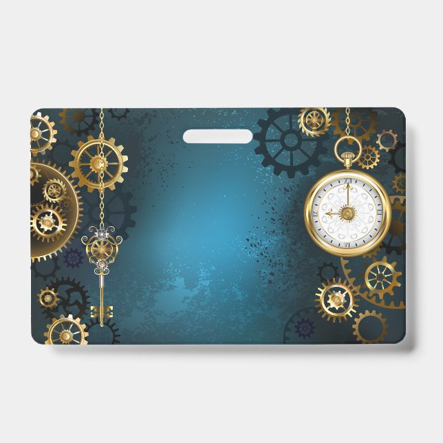 Steampunk turquoise Background with Gears ID Badge (Front)