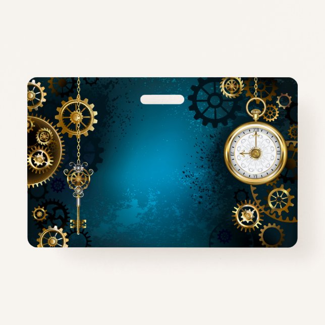 Steampunk turquoise Background with Gears ID Badge (Front)