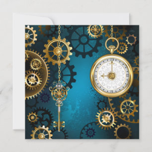 Steampunk turquoise Background with Gears Invitation