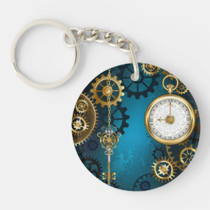 Steampunk turquoise Background with Gears Key Ring