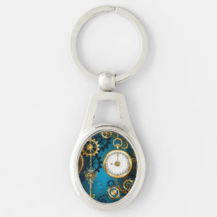 Steampunk turquoise Background with Gears Key Ring