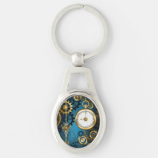 Steampunk turquoise Background with Gears Key Ring (Front)