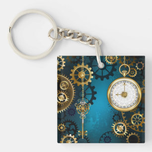 Steampunk turquoise Background with Gears Key Ring
