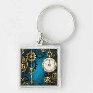 Steampunk turquoise Background with Gears Key Ring