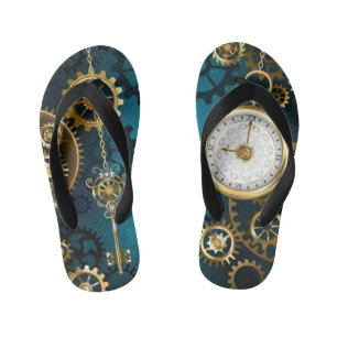 Steampunk turquoise Background with Gears Kid's Jandals