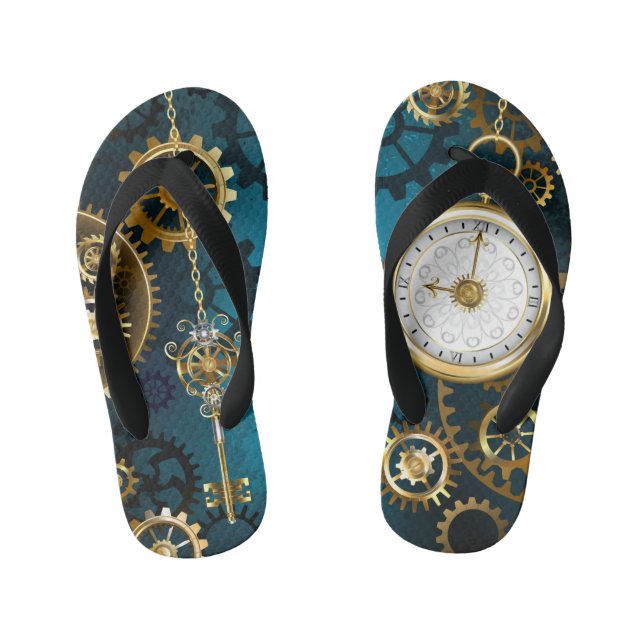 Steampunk turquoise Background with Gears Kid's Jandals (Footbed)