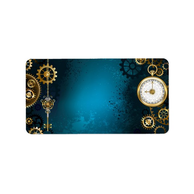 Steampunk turquoise Background with Gears Label (Front)