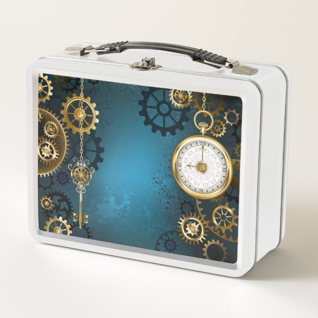 Steampunk turquoise Background with Gears Metal Lunch Box (Front)