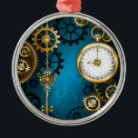 Steampunk turquoise Background with Gears Metal Tree Decoration<br><div class="desc">Turquoise,  textured,  steampunk background with brass and gold gears,  a silver key and the clock. Steampunk style.</div>