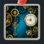 Steampunk turquoise Background with Gears Metal Tree Decoration<br><div class="desc">Turquoise,  textured,  steampunk background with brass and gold gears,  a silver key and the clock. Steampunk style.</div>