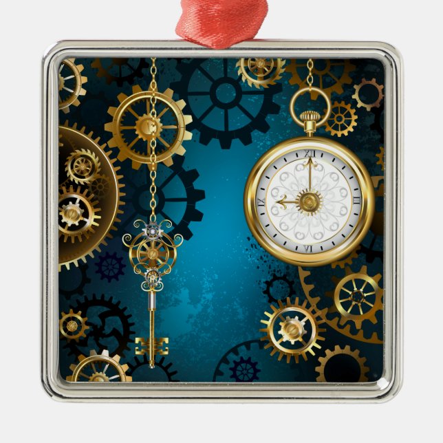 Steampunk turquoise Background with Gears Metal Tree Decoration (Front)