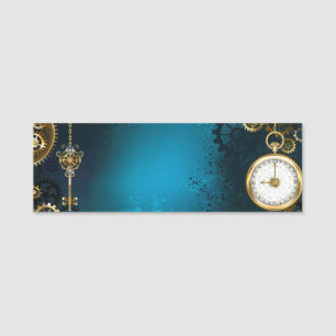 Steampunk turquoise Background with Gears Name Tag