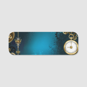 Steampunk turquoise Background with Gears Name Tag